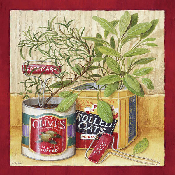 Sage In Rolled Oats Tin And Rosemary In Olives Tin
Herb Poster featuring the painting Olives & Oats by Lisa Audit