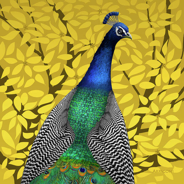 Peacock In Tree Poster featuring the painting Peacock in Tree, Naples Yellow, Square by David Arrigoni