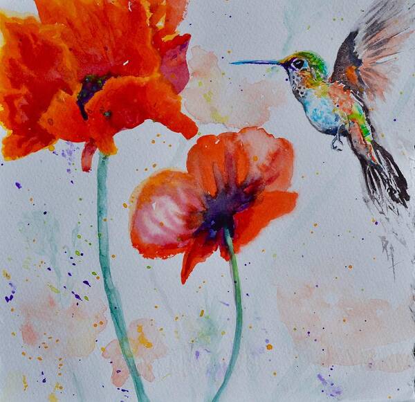 Hummingbird Poster featuring the painting Plumage And Poppies by Beverley Harper Tinsley