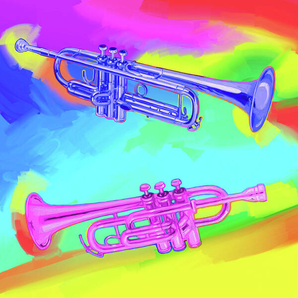 Pop-art-trumpets Poster featuring the digital art Pop-art-trumpets by Howie Green