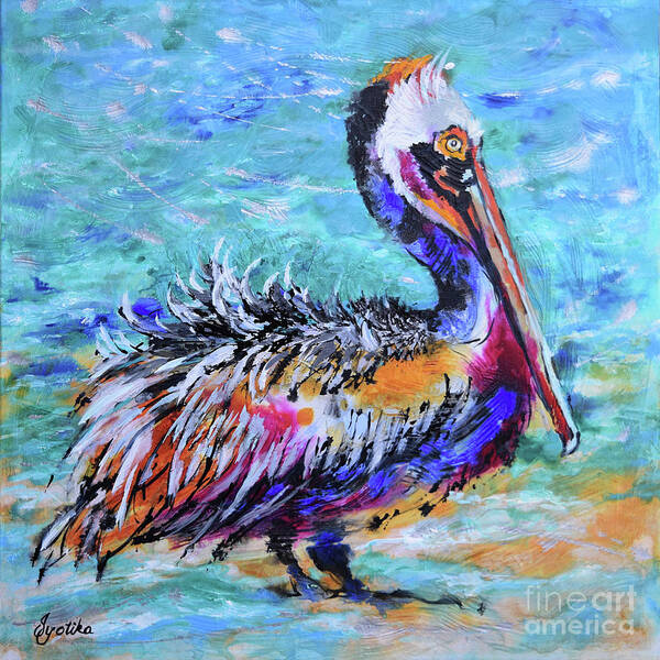 Pelican Poster featuring the painting Ruffled Pelican by Jyotika Shroff