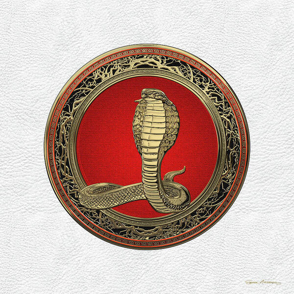 'beasts Creatures And Critters' Collection By Serge Averbukh Poster featuring the digital art Sacred Gold King Cobra on White Leather by Serge Averbukh