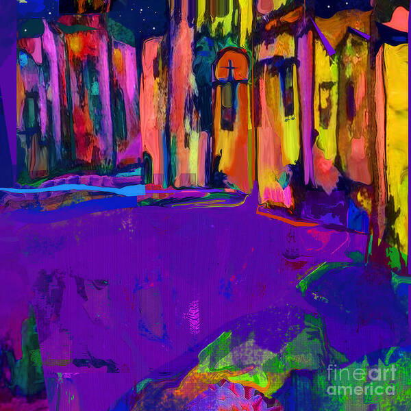 Square Poster featuring the mixed media Good Night Santa Fe in Lavender and Gold by Zsanan Studio