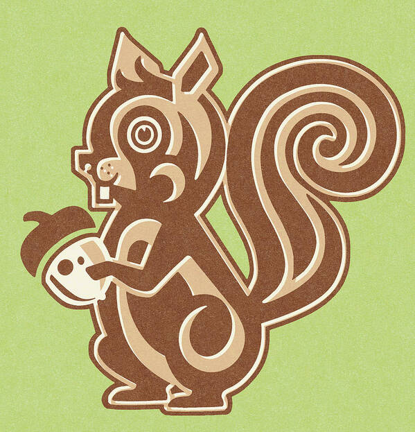 Acorn Poster featuring the drawing Squirrel Holding Nut on Green Background by CSA Images
