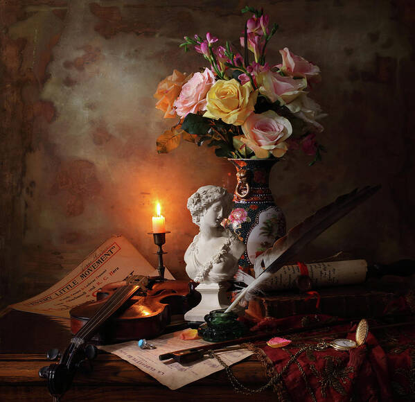 Illustration Poster featuring the photograph Still Life With Bust And Flowers by Andrey Morozov