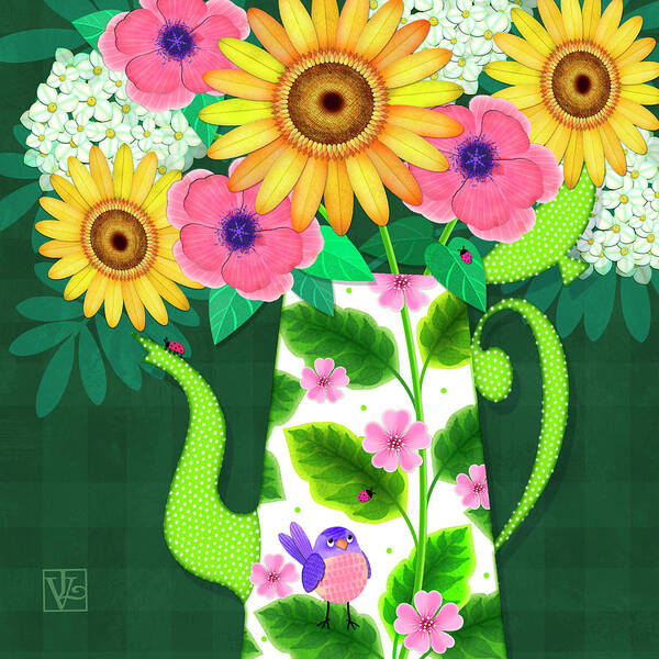 Flowers Poster featuring the digital art Summer Flowers in Coffee Pot by Valerie Drake Lesiak