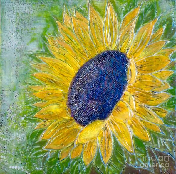 Sun Flower Sunflower Praises Flower Painting Art Yellow Green Encaustic Wax Beeswax Carved Texture Amy Stielstra Fine Art Happy Sunshine Glow Poster featuring the painting Sunflower Praises by Amy Stielstra