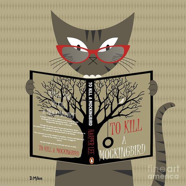 Mid Century Modern Poster featuring the digital art Tabby Cat Reading by Donna Mibus