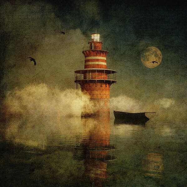 Autumn Poster featuring the digital art The lonely lighthouse in the fog with full moon by Jan Keteleer