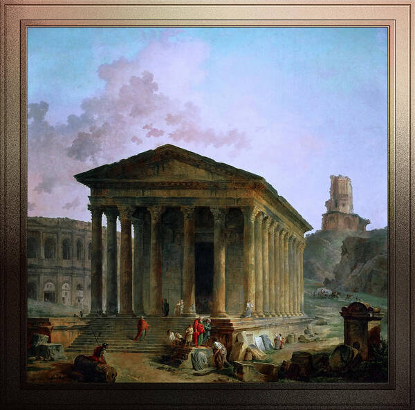 Maison Carée Poster featuring the digital art The Maison Caree the Arenas and the Magne Tower in Nimes by Hubert Robert by Rolando Burbon
