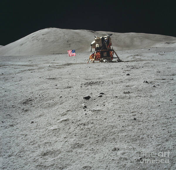 American Flag Poster featuring the photograph Usa Flag And Lunar Module On The Moon by Nasa/science Photo Library