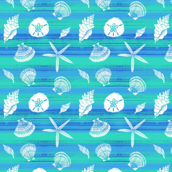 Pattern Poster featuring the painting Vibrant Seashell Pattern Tan Teal Background by Jen Montgomery