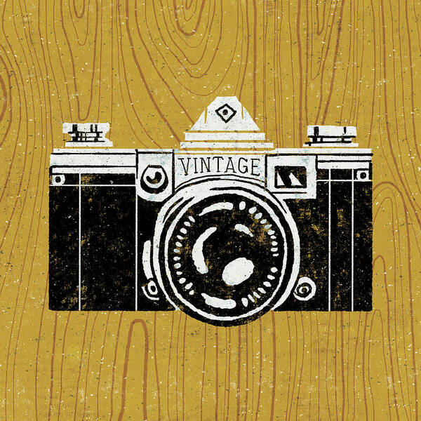 Black Poster featuring the painting Vintage Camera On Wood by Michael Mullan