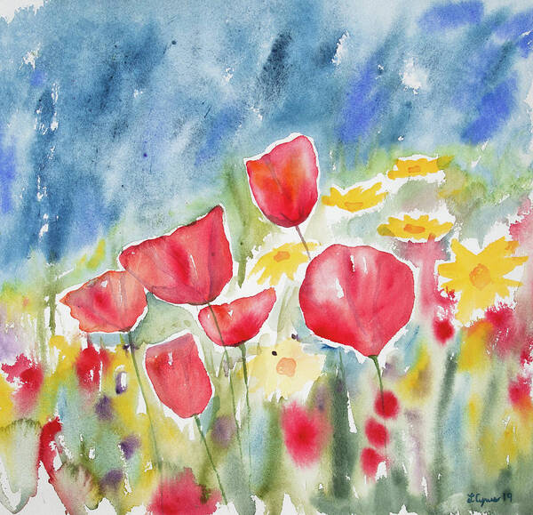 Poppy Poster featuring the painting Watercolor - Poppies and Sky by Cascade Colors