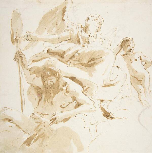 Sketch Poster featuring the drawing Winged Female Figure, River God, And A Nude Boy by Giovanni Battista Tiepolo