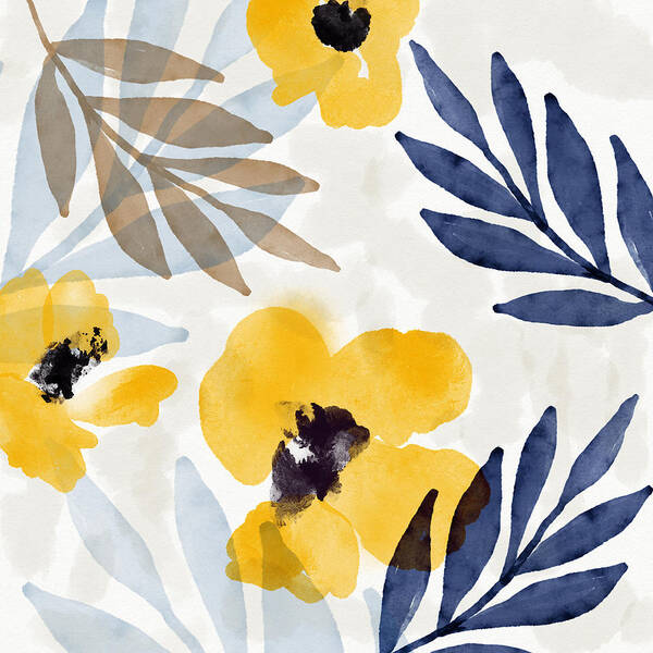 Flowers Poster featuring the mixed media Yellow and Navy 3- Floral Art by Linda Woods by Linda Woods