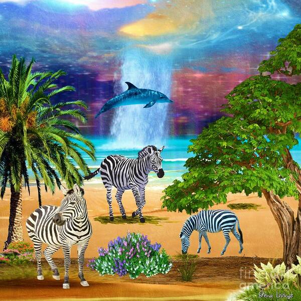Gena Livings Poster featuring the digital art Zebra Beach at Heaven Falls by Gena Livings