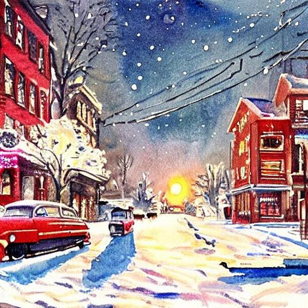 Watercolor Poster featuring the painting 1950s Streetscape in Winter - 2 by Christopher Lotito