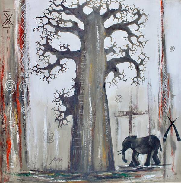 Africa Poster featuring the painting A Baobab Tree for a Baby Elephant by Daniel Akortia