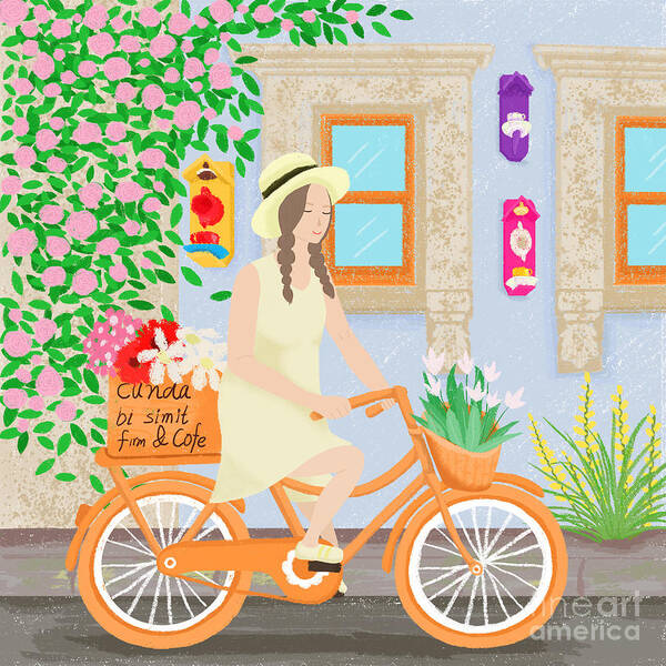Girl Poster featuring the drawing A girl on a bicycle by Min Fen Zhu
