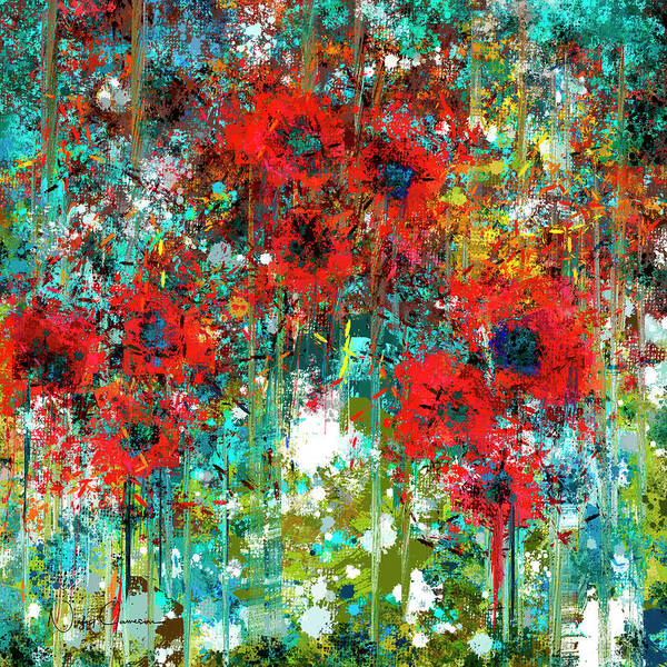 Abstract Poster featuring the mixed media Abstract 6 Poppies in a Field by Nicky Jameson
