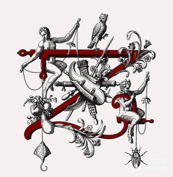 Name Day Gift Poster featuring the mixed media alphabet, monogram initials, vignette letter Z, monogram Z, initial Z, name Z, abbreviation Z by Elena Gantchikova