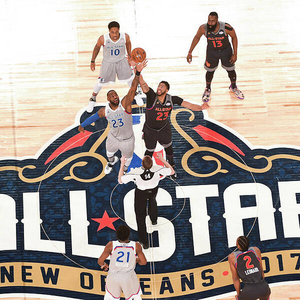 A Jumpball During The 2017 All-star Game Is Captured In This Photo Taken On February 19 Poster featuring the photograph Anthony Davis and Lebron James by Garrett Ellwood