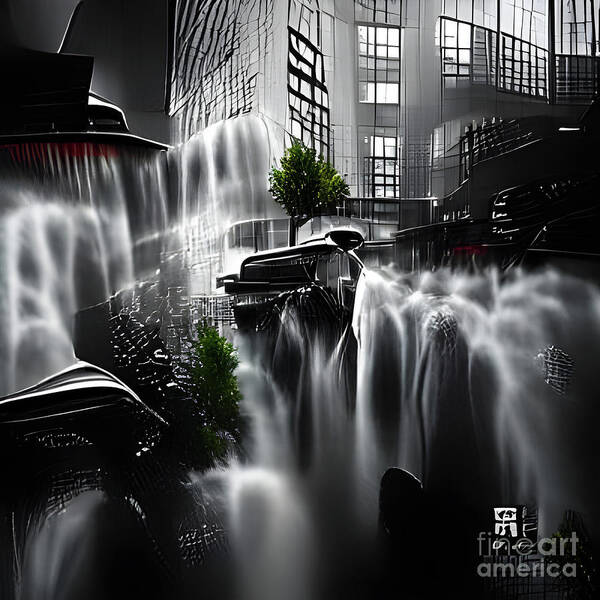 Dreamscape; Cityscape; Urban; Skyscrapers; Waterfalls; Trees; Windows; Noir; Abandoned; Moody; Black And White; Artificial Intelligence; Ai Poster featuring the digital art Apres le Deluge by Tina Uihlein