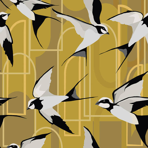 Seamless Repeat Poster featuring the digital art Art Deco Swallows on Gold by Sand And Chi