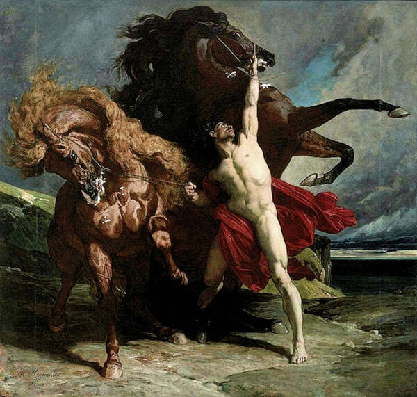 Henry Regnault Automedon Horses Achiles Greek Mythology Iliad Trojan War Homer French Neoclassicism Poster featuring the painting Automedon with the Horses of Achilles by Henri Regnault