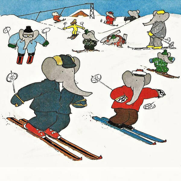 Babar The Elephant Poster featuring the painting Babar on winter sports by Jean de Brunhoff