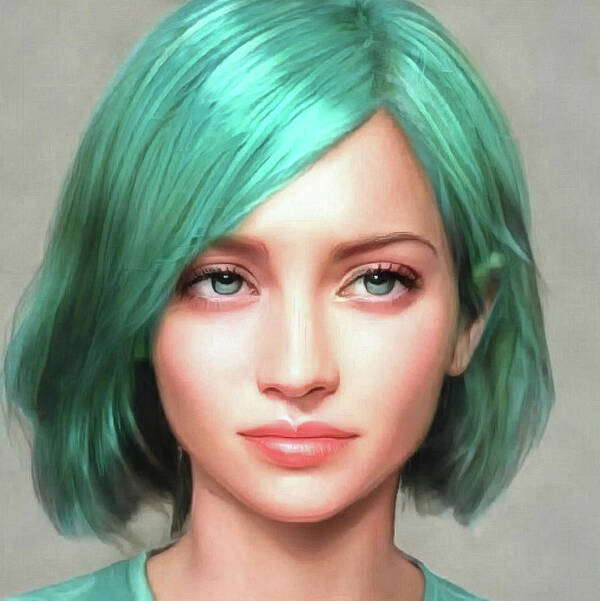 Woman Poster featuring the digital art Beautiful Woman with Green Hair Portrait 01 by Matthias Hauser