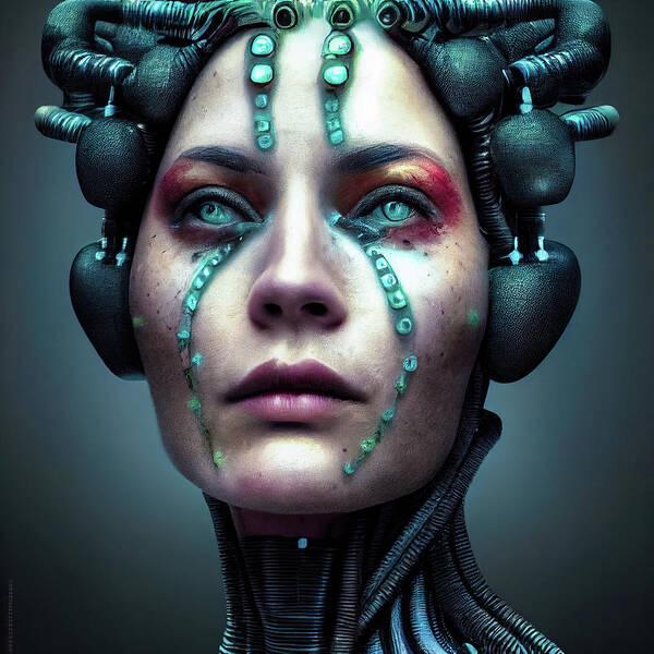 Biopunk Poster featuring the digital art Biopunk Woman Portrait 01 by Matthias Hauser