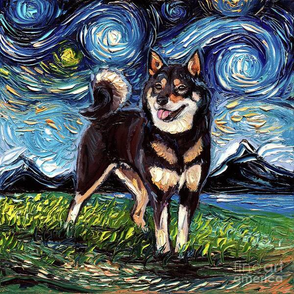 Shiba Inu Poster featuring the painting Black and Tan Shiba Inu Night by Aja Trier