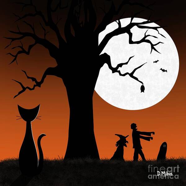 Black Cat Poster featuring the digital art Black Cat Spies Spooky Tree by Donna Mibus