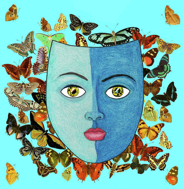 Masks Poster featuring the mixed media Blue mask on Butterfly swarm by Lorena Cassady
