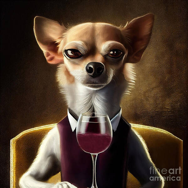 Funny Poster featuring the painting Brown Chihuahua Having Drink by N Akkash