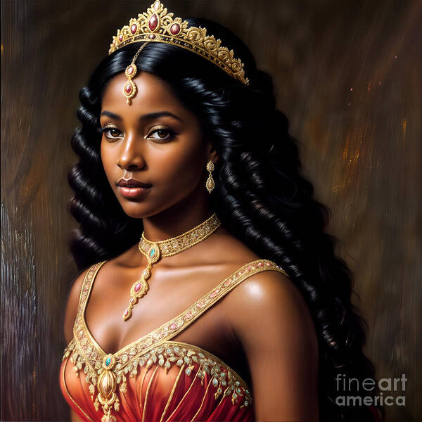 Royalty Poster featuring the painting Brown-Skinned Princess in Gold and Coral Red by Dee Claire