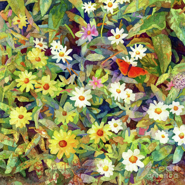 Flowers Poster featuring the painting Butterfly Garden - Zinnia and Gulf Fritillary Butterflies 2 by Hailey E Herrera