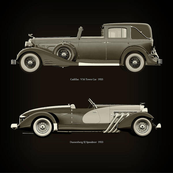 Cadillac Poster featuring the photograph Cadillac V16 Town Car 1933 and Duesenberg SJ Speedster 1933 by Jan Keteleer
