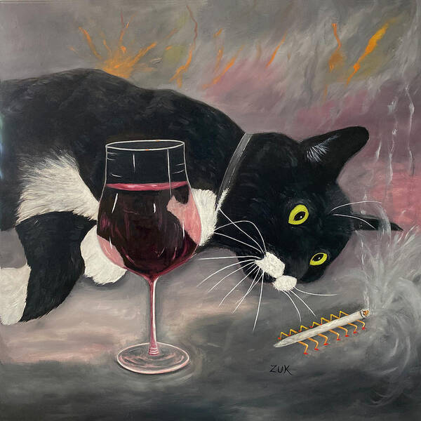 Funny Tuxedo Cat Poster featuring the painting Cat Dreaming by Karen Zuk Rosenblatt