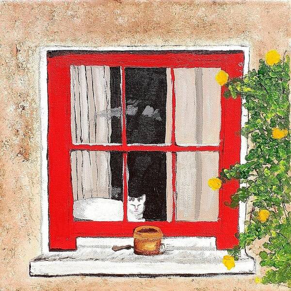 Cat Poster featuring the painting Cat in Red Window by Amy Kuenzie