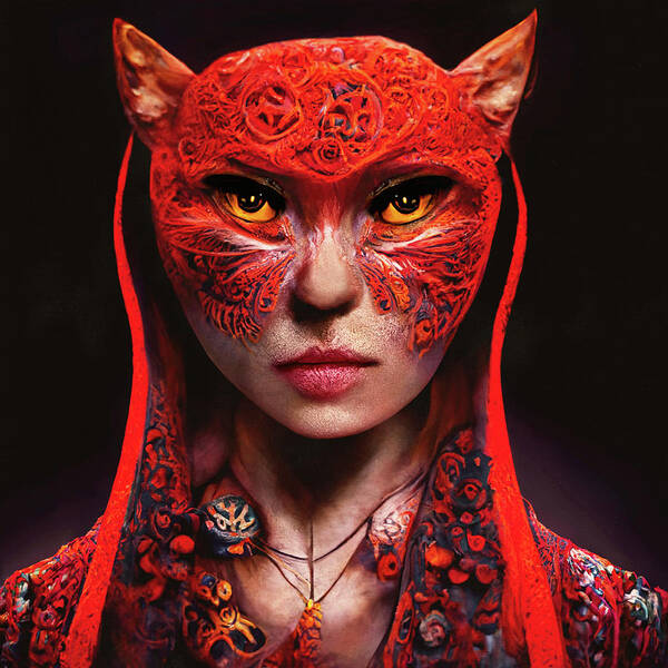 Warriors Poster featuring the digital art Cat Woman Warrior Wearing Red by Peggy Collins