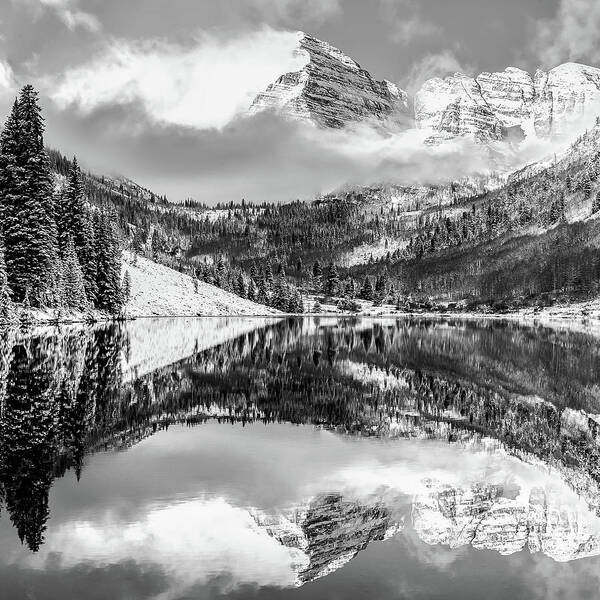 Aspen Poster featuring the photograph Center Panel 2 of 3 - Maroon Bells Mountain Landscape Panoramic BW - Aspen Colorado by Gregory Ballos