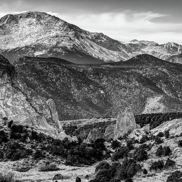 Colorado Springs Poster featuring the photograph Center Panel 2 of 3 - Pikes Peak Panoramic Mountain Landscape with Garden of the Gods in Monochrome by Gregory Ballos