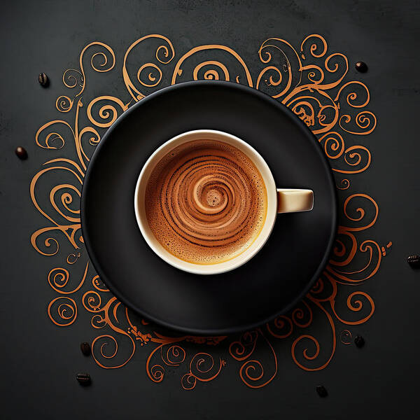 Modern Coffee Art Poster featuring the painting Coffee Cup Nouveau - Black Coffee Art by Lourry Legarde