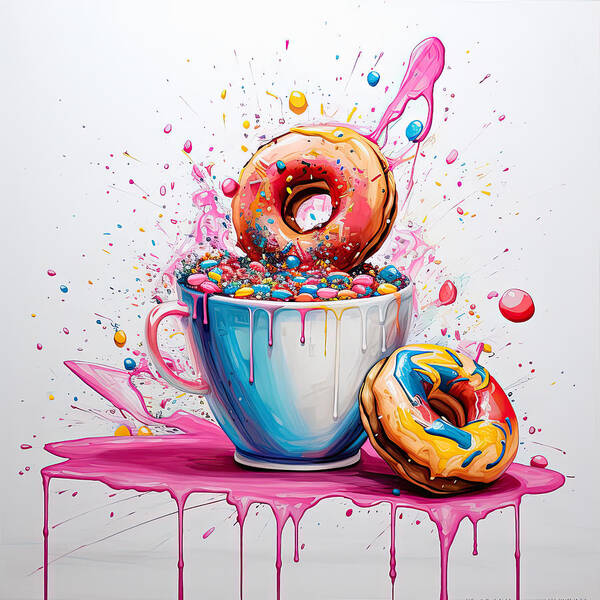 Colorful Coffee Donuts Poster featuring the digital art Colorful Coffee and Donut Art by Lourry Legarde