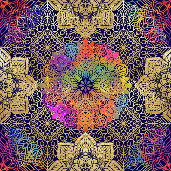 Mandala Poster featuring the digital art Colorful Gold Mandala Pattern in Black Background by Sambel Pedes