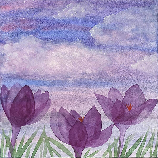 Crocuses Poster featuring the painting Crocuses and Clouds by Lisa Neuman