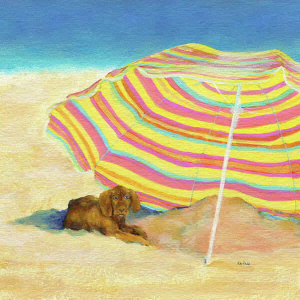 Dog Poster featuring the painting Cute dog relaxing at the beach by Karen Kaspar